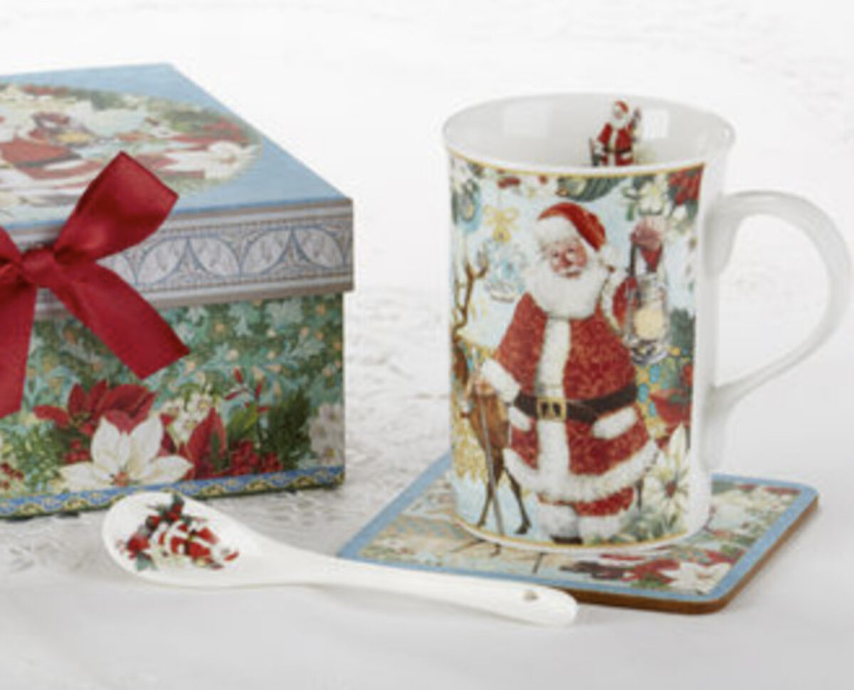 Candy Cane Holiday Mugs Set of 2 - Includes Spoons & Coasters