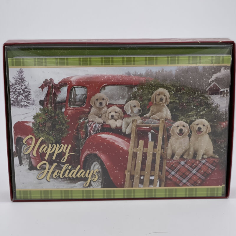 Red Truck With Little Puppies Happy Holidays Boxed Christmas Cards By Leanin Tree C75513