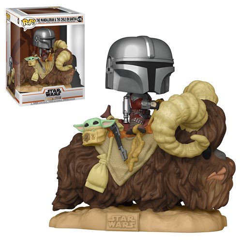 Star Wars The Mandalorian Mando On Bantha With Child In Bag Deluxe Pop Vinyl Figure
