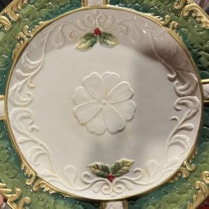 Dessert Plate Green with Gold Trim & Holly